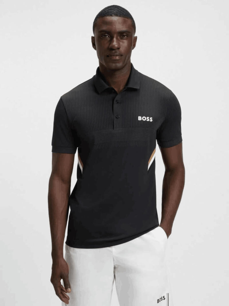 model wearing hugo boss polo shirt