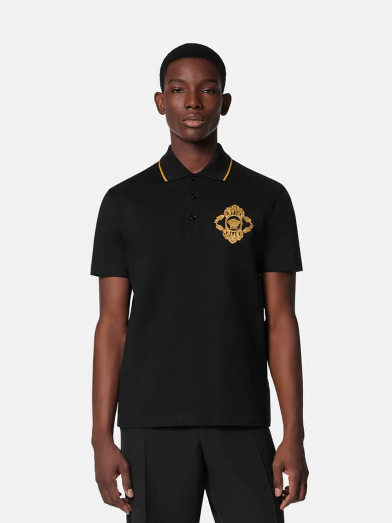 model wearing versace polo shirt